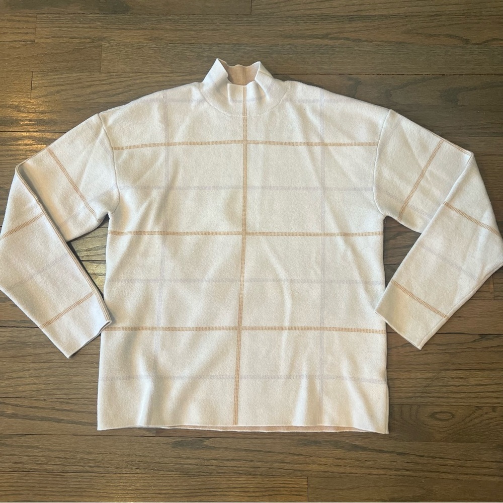 Anthropologie Sweater Mock Neck Windowpane Cream and Tan Medium Neutral - Picture 2 of 5